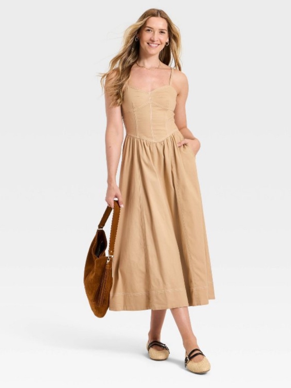 UNIVERSAL THREAD NWT Women's Corset Midi A-Line Dress -tan -XS - Picture 3 of 7
